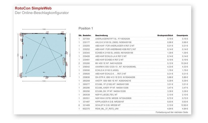 Mit einem neuen Online-Beschlagkonfigurator will ­Roto im Bereich Internet-Dienstleistungen ­Maßstäbe setzen. Das Bild zeigt das Endprodukt von RotoCon SimpleWeb: Ein Datenblatt, das neben einer technischen Illustration die komplette Stückliste enthält.