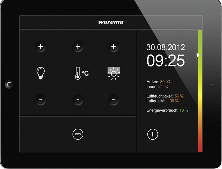 Steuerungen wie die OptiControl vereinen die Vorzüge von Sonnen- und Blendschutz und setzen den Wunsch des Nutzers nach Wärme oder Kühle, Helligkeit oder Verdunkelung mit einer einfachen Eingabe effektiv um.