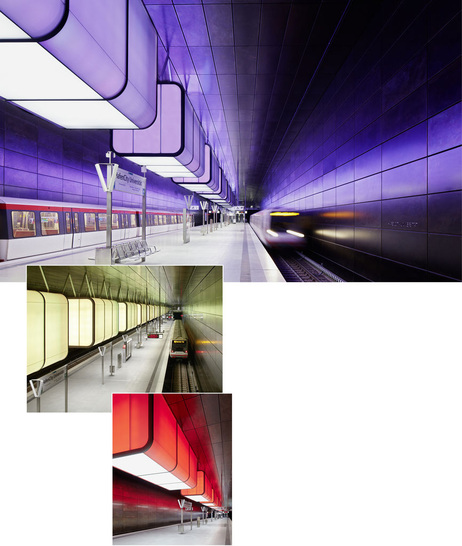 Farbige Lichtspiele in VSG in der U-Bahn-Halte­stelle Universität in der Hafencity Hamburg. Bei den Leuchtkuben sorgen die ­gebogenen Eckgläser von Finiglas für einen gleich­mäßigen Lichtverlauf.