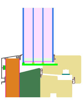 Holz-Aluminium Integralrahmen mit Dämmung aus XPS (0,028 W/mK) und ENERfoam (0,04 W/mK). Das Glas wird durch eine PVC-Platte (0,17 W/mK) getragen. Glasstärke: 64 mm 

(3/18/2/18/2/18/3), Glaseinstand: 16 mm. - © Passivhaus Institut
