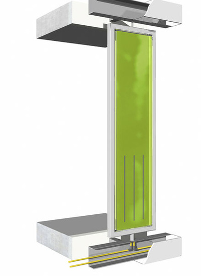 
Eine Lösung für adaptiven Sonnenschutz und Energiegewinnung ist die SolarLeaf Fassade mit Mikroalgen. 
