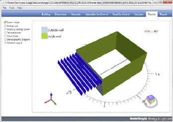 
Mit dem Tool lassen sich Daten ermitteln, die es erlauben, vier verschiedene Szenarien auf Basis unterschiedlicher Sonnenschutzsysteme zu vergleichen.
