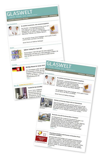 <p>
Der GLASWELT-Newsletter erscheint alle zwei Wochen und berichtet über die wichtigsten Ereignisse der Branche.
</p>