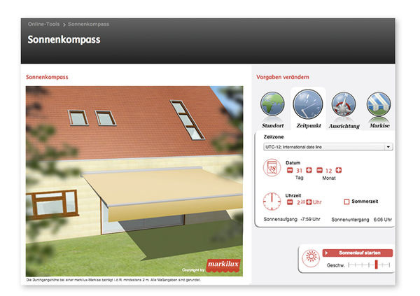 
Den Schattenwurf zu visualisieren und damit wirklich zu wissen, ob die vom Kunden gewünschten Bereiche der Terrasse im Schatten liegen, bietet Markilux mit dem Sonnenkompass.

