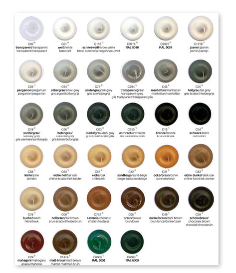 
Der Silikon-Dichtstoff Ottoseal S 110 ist in über 30 Farben bzw. Holztönen erhältlich, und den Dichtstoff Ottoseal S 120 gibt es in 10 Farben.
