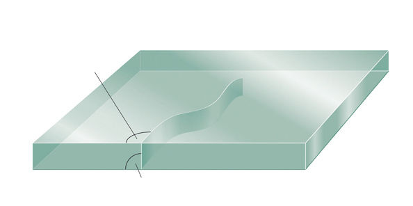 <p>
Leicht zu erkennen: Thermische Brüche verlaufen immer im 90°-Winkel zur Glaskante und zudem ist auch der Bruchwinkel immer 90°.
</p> - © Grafik: Sanco

