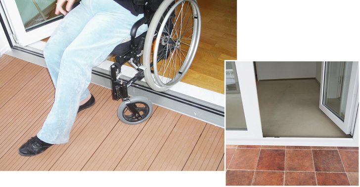 
Immer mehr Menschen brauchen schwellenlose Übergänge. Kleines Bild: Viele Rollstuhlfahrer können die großen und selbst die kleinen bis zu 2 cm hohen Türschwellen nicht überwinden.
