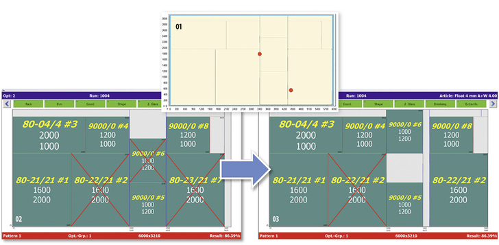 
Das leistet die Reoptimierung einer Jumbo-Scheibe mit zwei Fehlern (01): Ursprünglich waren drei Scheiben aufgrund der Fehler unbrauchbar (02). Nun konnten zwei Scheiben gerettet werden (03), die dritte geht in den Bruchpool. 
