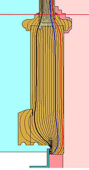 
Bild 1: Isothermenverlauf und U-Wert bei einer Winkeleisenschwelle, Uf = 2,035 W/(m²K). 

