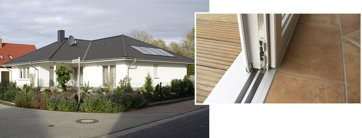 



Die Terrassentüren als Stulptüren sind ohne Vordach mit der Magnet-Doppeldichtung bereits seit 2007 absolut dicht – trotz heftiger Ostseestürme, die den Schlagregen nahezu waagerecht gegen die Alumat-Nullschwellen-Dichtung drücken. 
