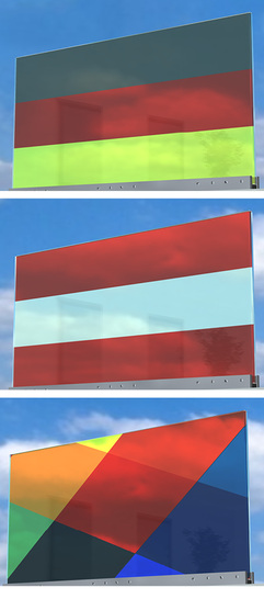 
Es geht auch etwas bunter: Folien-Kombinationen aus verschieden farbigen Bereichen zur Gestaltung von VSG-Scheiben für Fassaden, Brüstungen, Türen und Interieurgläser.
