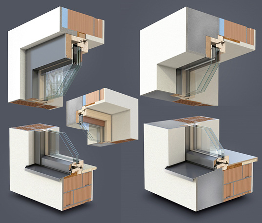 
Das Siegerfenster von Lorber / Pro Passivhausfenster: Links im Bild die Situation in der Übergangszeit: Ein Blindstock wird mit Dichtband zur Putzkante und Fensterbankkante abgedichtet und verschraubt. Rechts die Situation nach der Anbringung der Wärmedämmung: Das Fenster wird ausgebaut und an der neuen Position wieder eingebaut.
