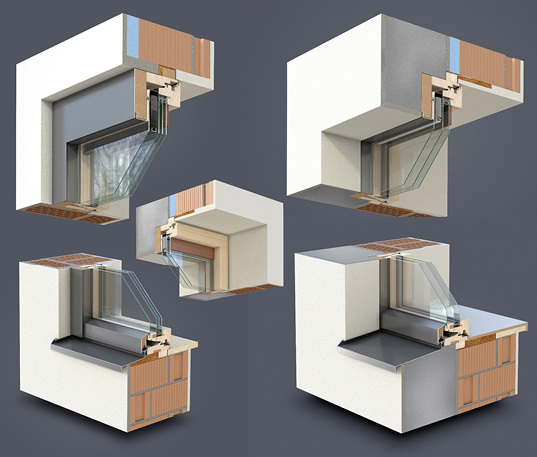 <p>
Das Siegerfenster von Lorber / Pro Passivhausfenster: Links im Bild die Situation in der Übergangszeit: Ein Blindstock wird mit Dichtband zur Putzkante und Fensterbankkante abgedichtet und verschraubt. Rechts die Situation nach der Anbringung der Wärmedämmung: Das Fenster wird ausgebaut und an der neuen Position wieder eingebaut.
</p>