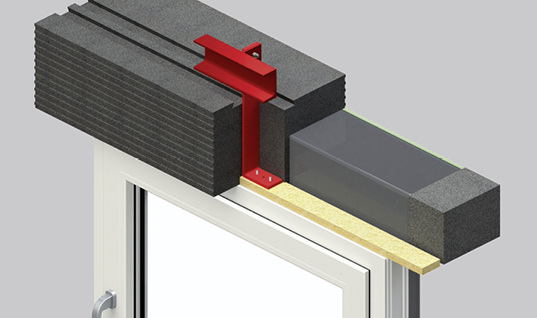 
Voro-Therm aus EPS-Hartschaum im Querschnitt. Gut sichtbar ist die thermisch isolierte Stahlkonsole in rot.



