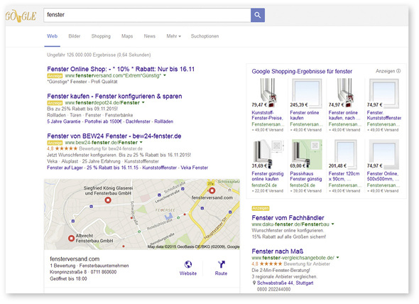 
Nach Eingabe von Suchbegriffen auf der Google-Website tauchen rechts und oberhalb der Suchtreffer die Google AdWords auf. 
