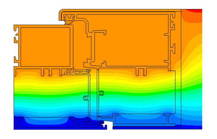 Querschnitt einbruchhemmender Außentüren: Mit Hilfe wissenschaftlicher Simulationsmethoden lokalisierten Fraunhofer-Forscher exakt die Stellen, an denen die Wärme über den Aluminiumrahmen entweicht (dunkle Farbe). - © Fraunhofer ITWM
