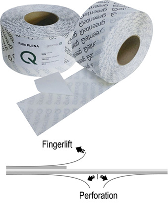 
Die neue vollflächig selbstklebende Dichtungsfolie greenteQ Plena von der VBH. Einfache Montage dank Fingerlift, Perforation und überputzbarem Spezialvlies.
