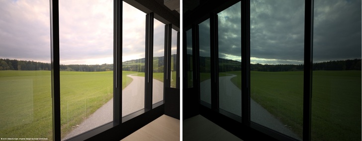 Im transparenten Modus lässt das schaltbare Glas natürliches Licht in den, abgedunkelt hält es jedoch das Sonnenlicht draußen (r.).