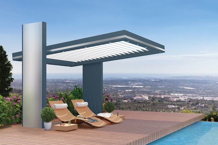 profine bietet die “Kömmerling Pergola“ zur Markteinführung bei gleicher Dachkonstruktion in 16 Modellvarianten an. Hier die beispielhafte Darstellung des Modells “Helios“.