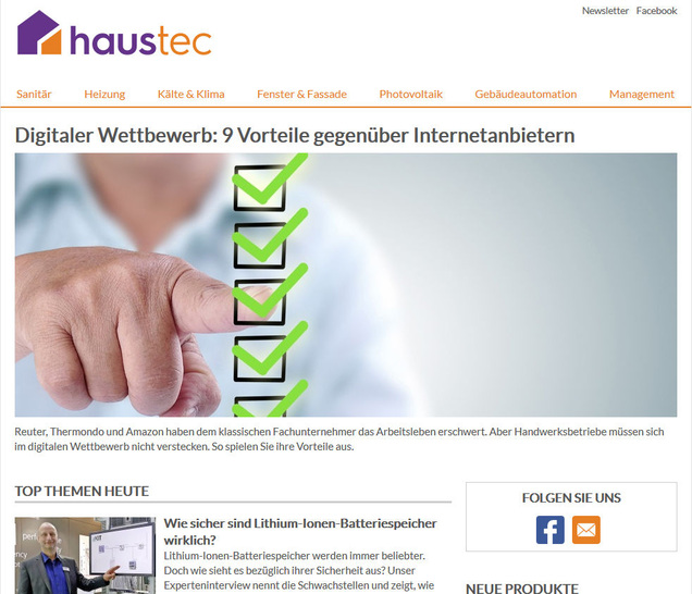 Das Informationsangebot des neuen Reichweitenportals haustec.de umfasst die Bereiche Sanitär, Heizung, Klima, Klempnerei, Fenster und Fassade, Photovoltaik, Gebäudeautomation sowie Management im Handwerk.