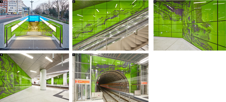



1 Dieser U-Bahn-Halt in Düsseldorf ist ab den Zugängen mit Glas gestaltet. Auf den rechten Glastafeln sieht man bereits den sogenannten „Linienstrom“, der die Fahrgäste bis zum Bahnsteig hinabbegleitet.






2 Hier läuft der Linienstrom an den Wänden der Rolltreppenbereiche und weiter …






3 … durch die Gänge in Richtung der Bahnsteige … 






4 … hin auf die Bahnsteige und zu den Gleisen … 






5 … bis er schließlich über den U-Bahn-Röhren endet.
