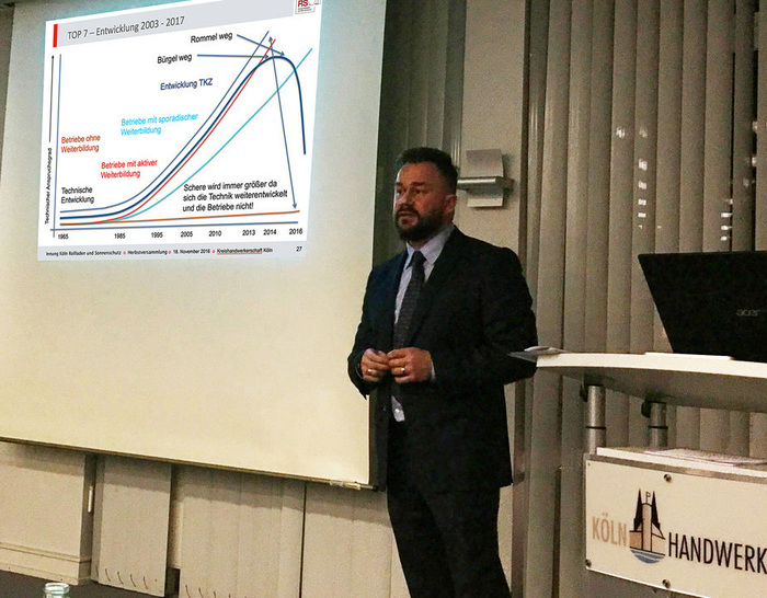 Mit einem Chart zeigte Obermeister Andre Urban an der Entwicklung des technischen Anspruches der Branche von 1965 bis heute, wo sich mehr oder weniger in der Weiterbildung engagierte Betriebe und das TKZ bewegen. - © Innung Köln
