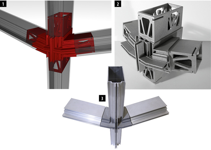 <p>
</p>

<p>
Der Nematox-Fassadenknoten von Alcoa wurde digital geplant und additiv hergestellt:
</p>

<p>
01 Der Knoten als Rendering
</p>

<p>
02 Kunststoff-Konzeptstudie als 3-D-Druck 
</p>

<p>
03 Der gebaute Knoten in Aluminium
</p> - © Bilder. Holger Strauß/Uni Delft

