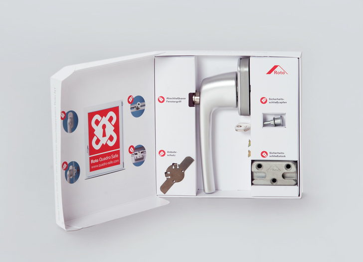 Zum umfassenden Unterstützungsprogramm der Einbruchschutz-Kampagne “Roto Quadro Safe“ gehört nun auch eine kompakte “Musterbox“. Sie enthält die vier Sicherheitskomponenten für Fassadenfenster und eigne sich u. a. zur anschaulichen Präsentation in Showrooms und bei Veranstaltungen.