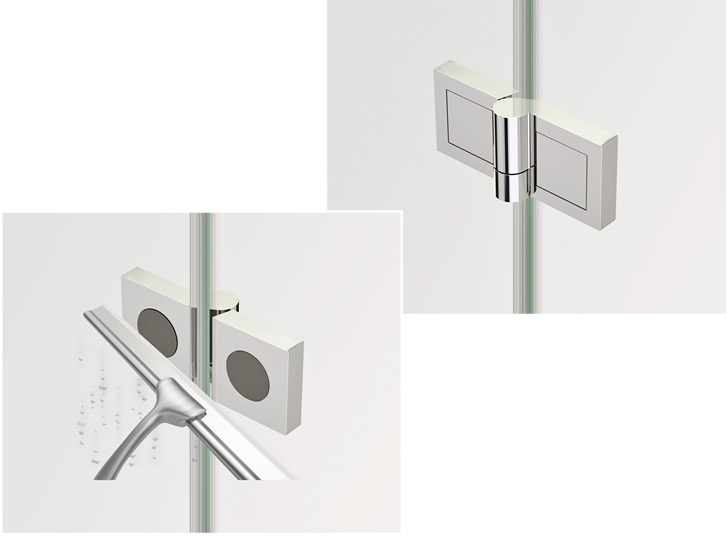 



Bei dem neuartigen Schweißverfahren lassen sich Beschläge sicher und dauerhaft auf der Außenseite der Duschtür befestigen (o.).



Das Bild links zeigt, wie die Glasoberfläche von innen aussieht. Da der Beschlag von außen aufgeschweißt wird, bleibt die Glasfläche in der Dusche komplett glatt.
