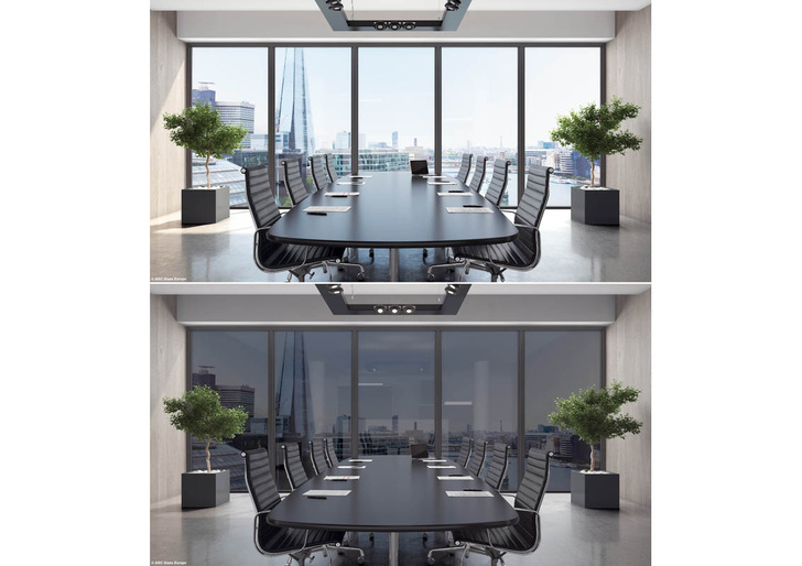 Das Halio Glas oben transparent und im unteren Bild geschaltet: Selbst bei großen raumhohen Gläsern lässt sich der dunkelste Grauton in unter fünf Minuten erreichen.