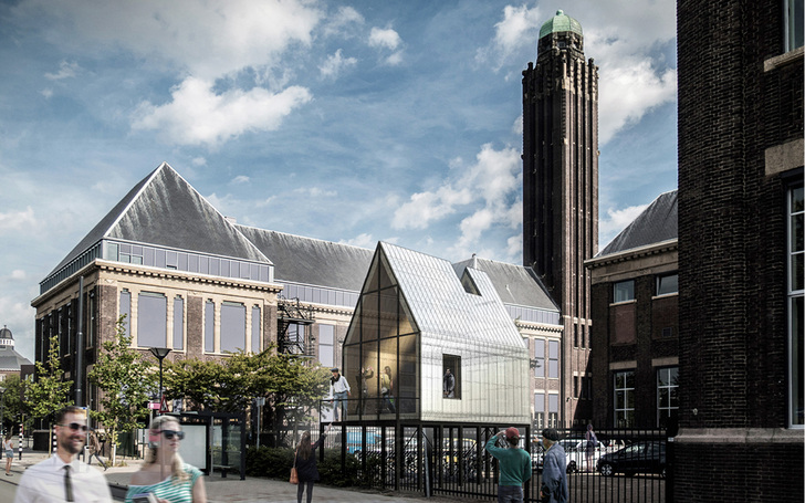 <p>
Ein Rendering des neuen Versuchsgebäude (Mitte) auf dem Campus der Universität in Delft.
</p>