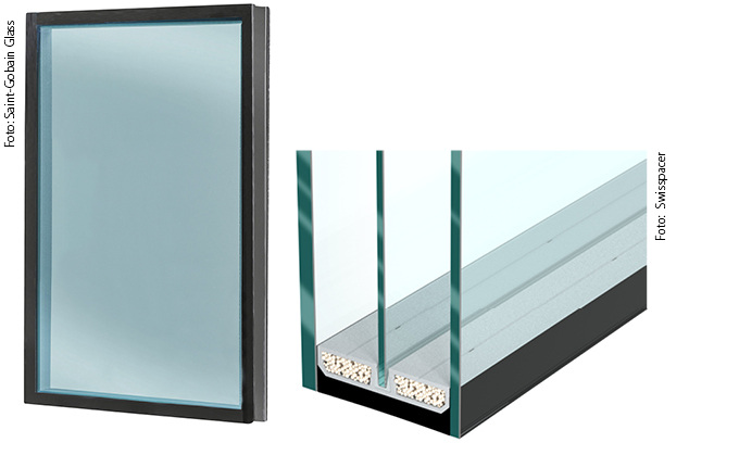 
Links das neue hochselektive Sonnenschutzglas SGG Cool-Lite Xtreme 50/22 II. Unten: Climatop Easy Glas mit dem neuen Abstandhalter Swisspacer Triple. 
