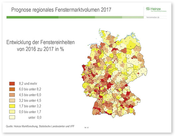 
In den finanzstarken Regionen Deutschlands zeigt sich bei den Fenstereinheiten eine sehr deutliche Zunahme zu 2016 von mindestens 6 bis zu 8,2 % und höher.
