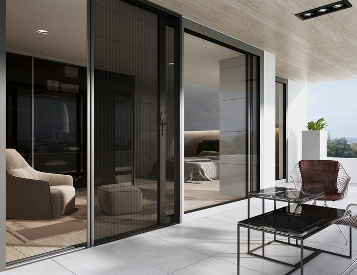 Aluprof MPH Harmony: Beim Schließen wird das Netz zusammengefaltet und im Seitenprofil versteckt