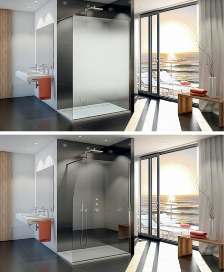 <p>
Die Walk-in Dusche Easy gibt es in ansprechenden Designvarianten: mit blickschützendem Verlauf in strahlendem Weiß (oben) und transparent in Form eines leicht geschwungenen Segels.
</p>

<p>
</p> - © Foto: Sanswiss

