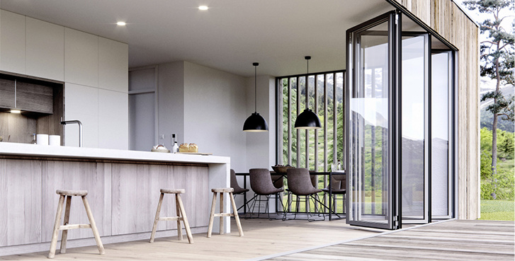 



Offen verbindet die Glas-Faltwand Innen- und Außenraum. Der Übergang ist barrierefrei.
