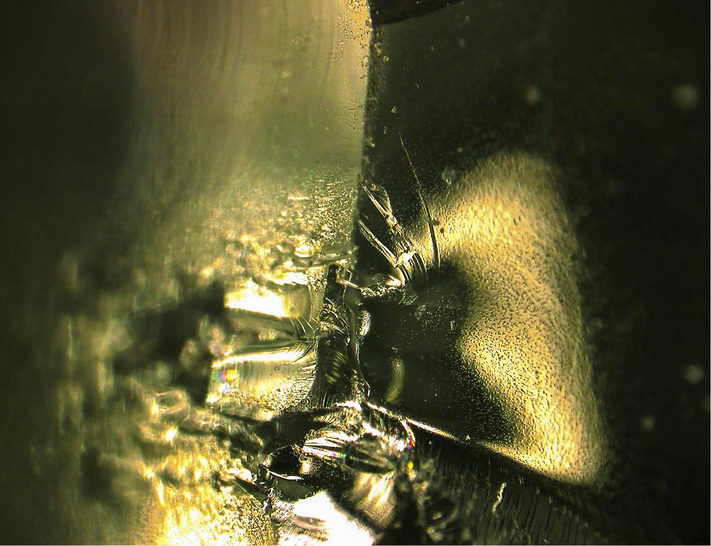 01: Ansicht der Flanke eines der beiden Bruchstücke mit einem deutlich erkennbaren Bruchspiegel (rechts) - © Wolf-Dietrich Chmieleck
