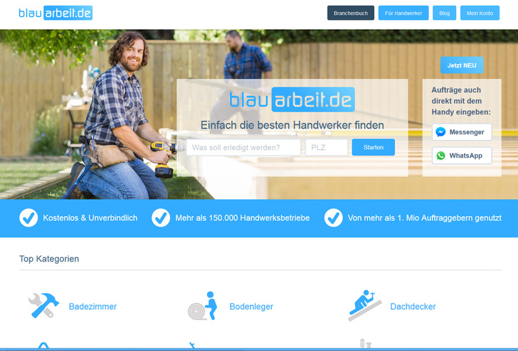 andwerker und Kunden solen bei baluarbeit nun auch per WhatsApp und Facebook zusammenfinden. - © Screenshot
 andwerker und Kunden solen bei baluarbeit nun auch per WhatsApp und Facebook zusammenfinden.
