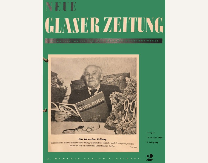 Das Januar-Heft der GLASWELT-Vorgängerin zeigt im Jahr 1950 Philipp Falkenstein, den ältesten Glaser Deutschlands bei der Lektüre des Fachmagazins. Wer ist heute sein Nachfolger?