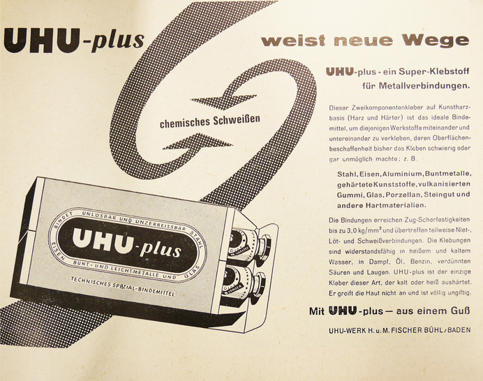 Kleben von Metall gab es bereits in den 1950er Jahren, wie diese Anzeige von UHU belegt.