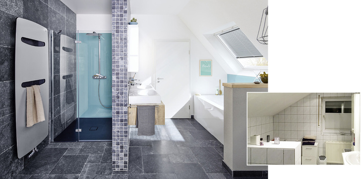 
Nach der Sanierung: Eine helle, ansprechende Wellness-Oase unter dem Dach statt einer kargen Nasszelle (vorher).



