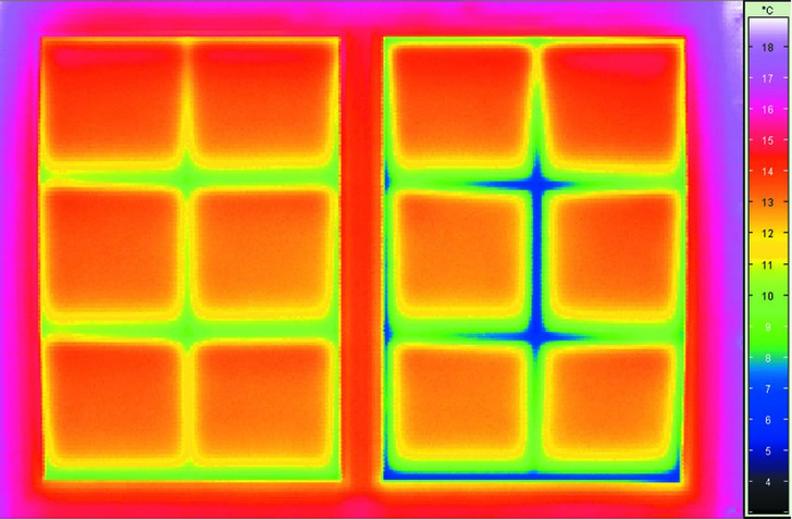 Die Wärmebildkamera macht die Unterschiede deutlich: Wärmedämmung am Glasrand mit hocheffizienten Kunststoff-Abstandhaltern (links) im Vergleich zu Aluminium-Abstandhaltern (rechts) - © Swisspacer
