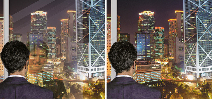 Ein Unterschied wie Tag und Nacht: Nur das entspiegelte Glas (rechts) gewährleistet einen ungetrübten Blick nach draußen.