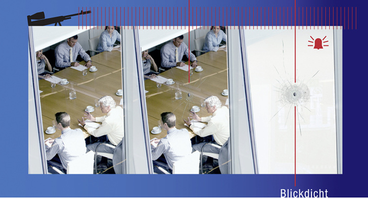 
Schlägt eine Kugel in das Anit-Terror Glas, wird es sofort blickdicht. Der Schütze kann nicht sehen, ob er getroffen hat.



