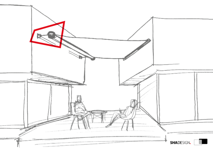 Beim Shadeone sind Tuchwelle und Ausfallprofil in einer Komponente vereinigt.Tuchaufrollung und die erforderliche Tuchspannung sind so auf einfache Weise kombiniert.