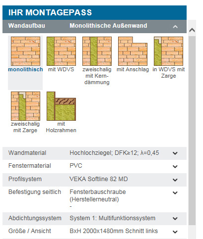 Zusätzliche Icons für Wandmaterial und grafische Unterstützung zur richtigen Auswahl.