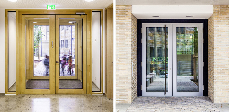 <p>
</p>

<p>
Die doppelflügelige Eingangstür, eine Holz-Alu-Konstruktion, besteht aus je vier Bandsystemen.
</p> - © Foto: Daniel Vieser Architekturfotografie

