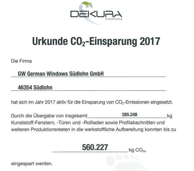Aktuelle Zertifikate belegen die Bemühungen: Allein am German Windows-Stammsitz in Südlohn konnten bereits 285.248 Kilogramm PVC recycelt werden. Das entspricht einer Einsparung von 560.227 Kilogramm CO2. - © GW GERMAN WINDOWS
