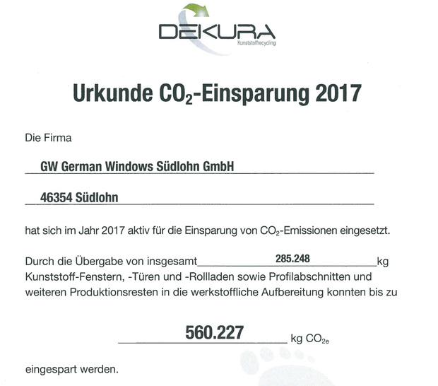 Aktuelle Zertifikate belegen die Bemühungen: Allein am German Windows-Stammsitz in Südlohn konnten bereits 285.248 Kilogramm PVC recycelt werden. Das entspricht einer Einsparung von 560.227 Kilogramm CO2.