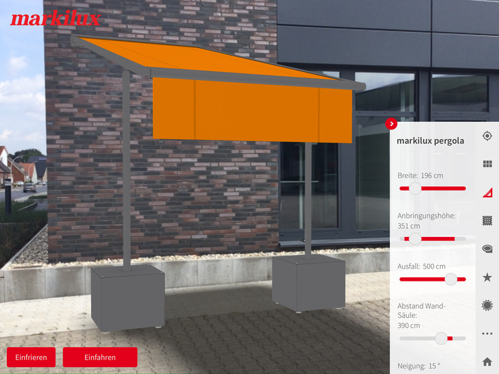 Markisenhersteller markilux hat seine neue Markisen-App bereits mit einer neuen Funktion erweitert. Neben den klassischen Gelenkarmmarkisen kann man nun auch das “pergola-Modell“ mit der App konfigurieren. - © Markilux
